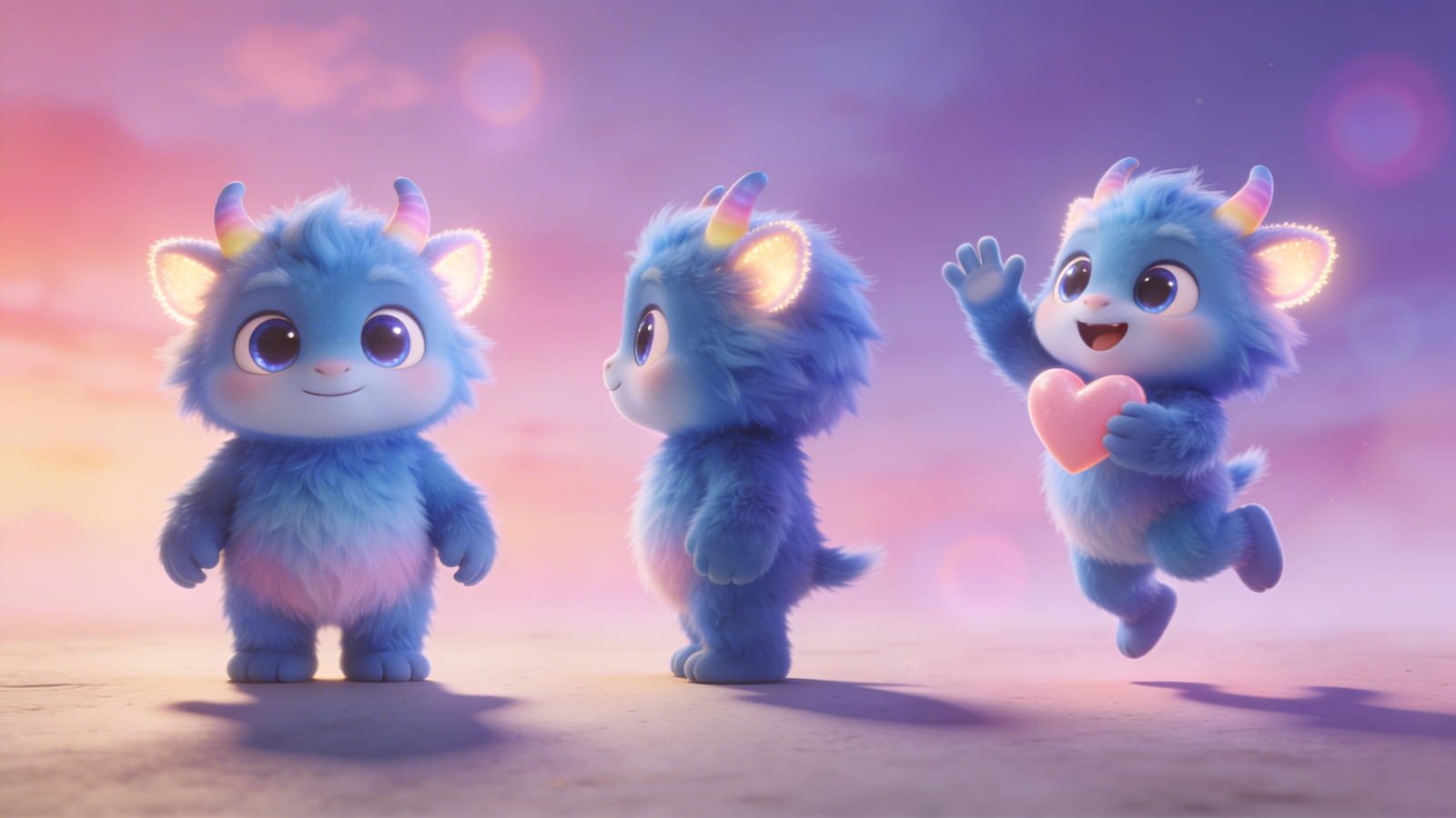 Three cute, fluffy blue AI-generated monster mascots with glowing rainbow horns in different poses, one holding a pink heart, demonstrating consistent brand IP.